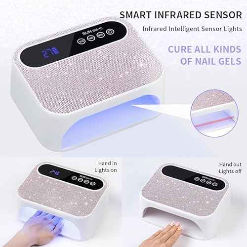 Cordless UV Nail Lamp, 268W Rechargeable UV Gel Nail Light, Sparkling Rhinestones Diamond UV Light, Professional Fast Curing Nail Dryer with 4 Timers Touch Control Auto Sensor for Salon & Home