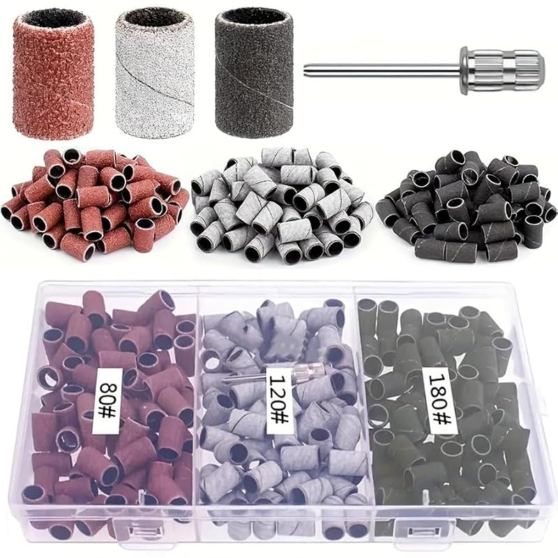 DAIXIANGER 210Pcs Nail Drill Sanding Bands Set with 3 Grits & Mandrel - Black, White, Red