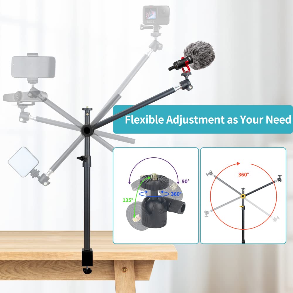 JEBUTU Overhead Camera Mount Desk Stand with 360° Adjustable Holding Arm, Flexible Phone Stand with 360° Ballhead and Phone Mount Holder, Boom Stand for Microphone, Video Light, Webcam, Cell Phone