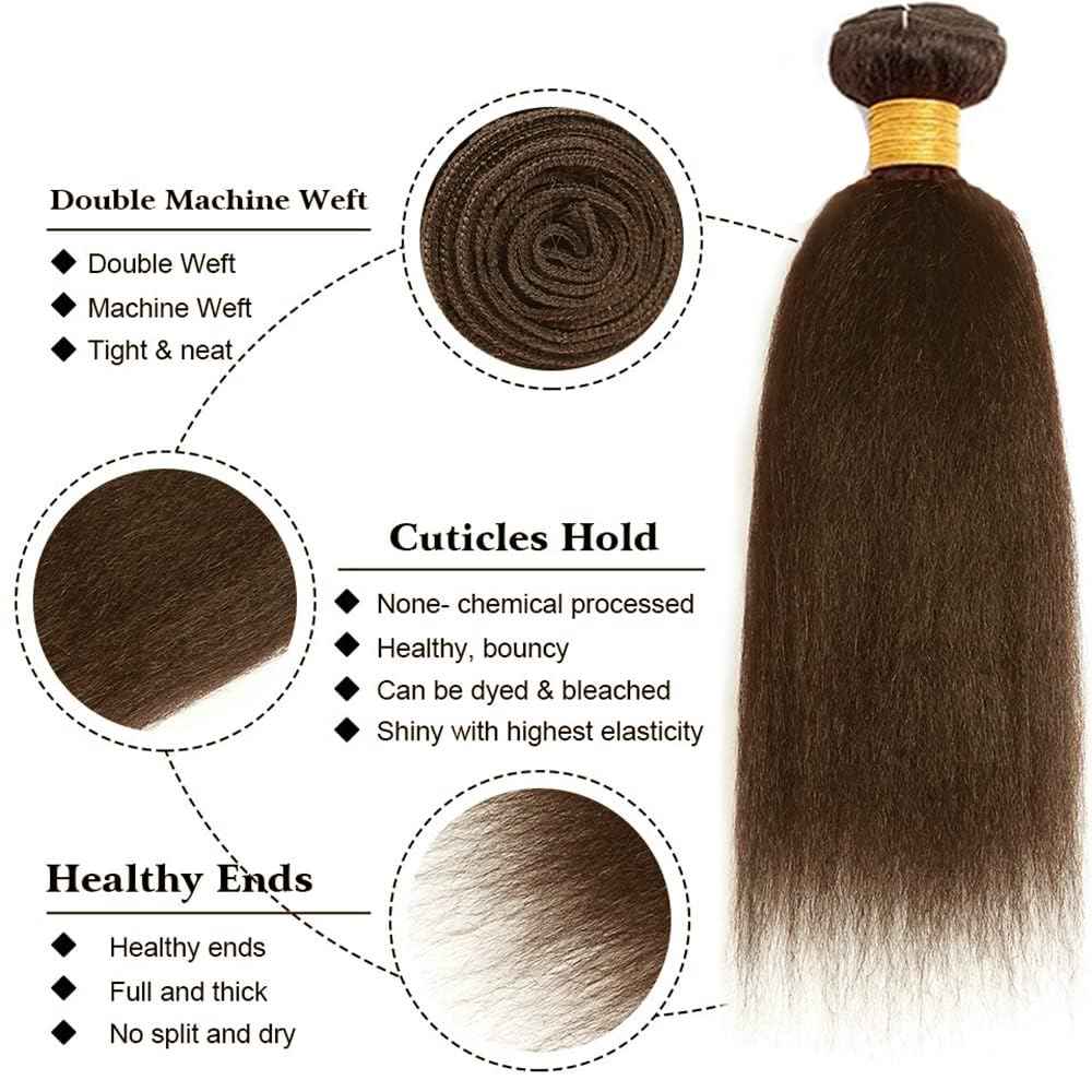 Aikebi Brazilian Human Hair Bundles 8 10 12 Inch Chocolate Brown Color 4 Kinky Yaki Bundles Human Hair 11A Unprocessed Brazilian Soft Quick Weave Soft Sewn In Hair for Black Women
