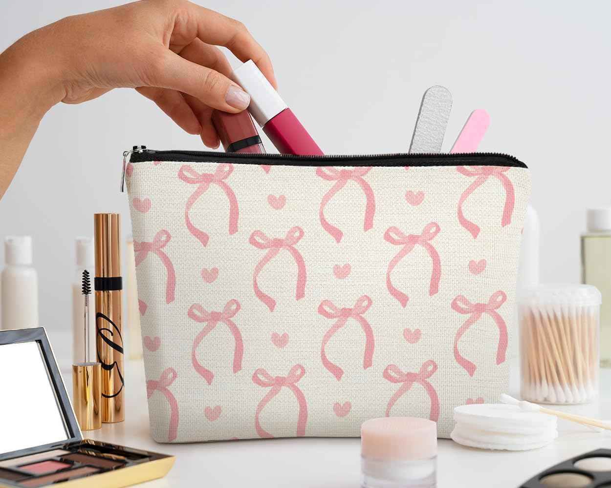 EXUQO Coquette Pink Bow Makeup Bag,Coquette Stuff Preppy Bags,Trendy Coquette Gift Cosmetic Bag,Pouch Gift for Teen Girls Women,Aesthetic Makeup Bag
