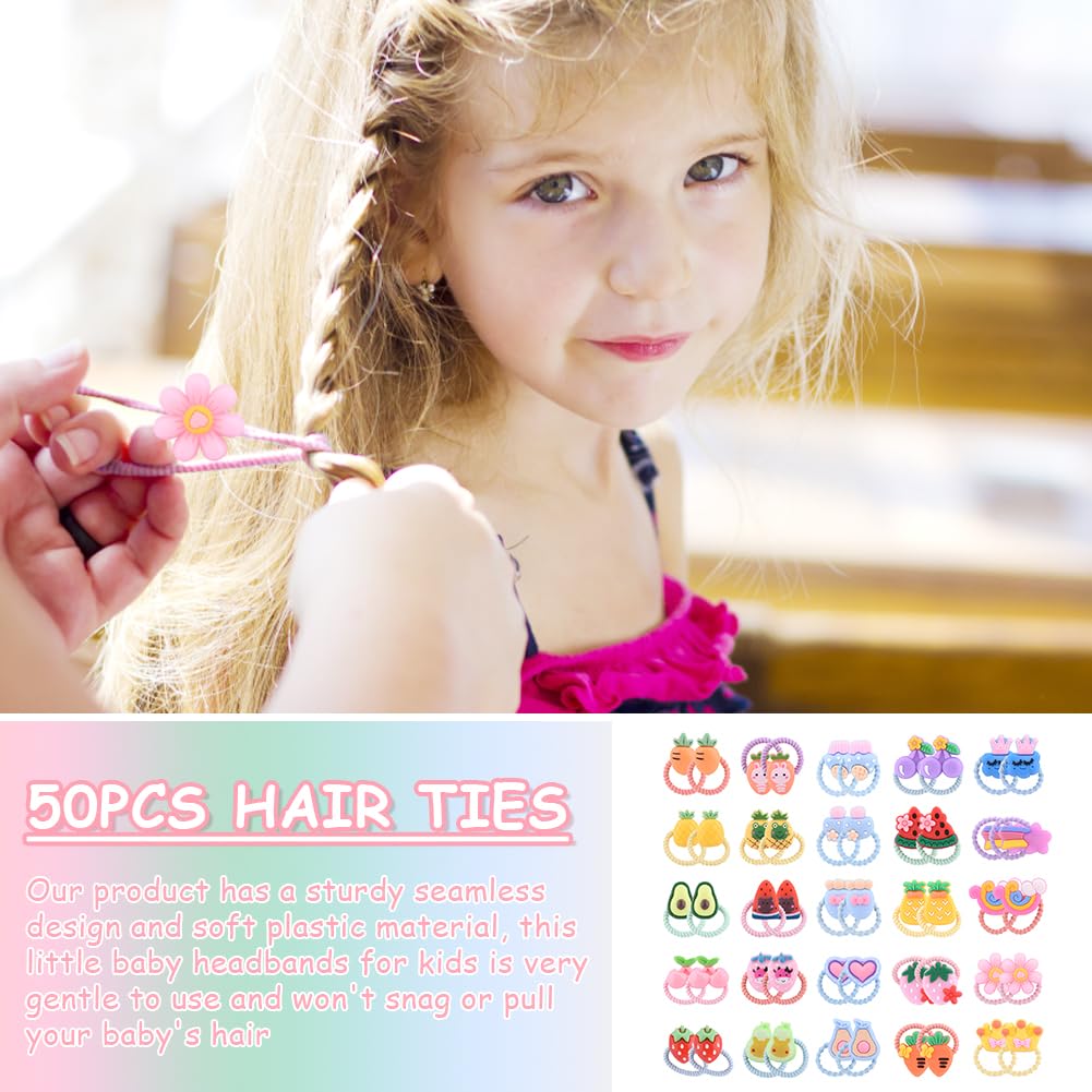 KELEAPEKER Cartoon Hair Ties for Girls,50pcs Girls Hair Ties No Damage,Colorful Elastic Cute Hair Accessories,Suitable for Girls Infants Toddlers Kids Teens(Cartoon Fruit)