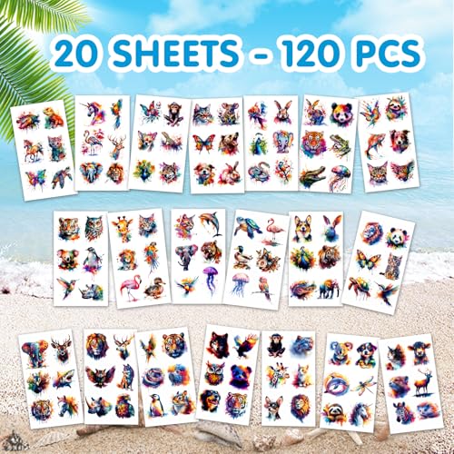 120 Watercolor Animal Temporary Tattoos for Kids
