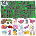 partywind 408 Sheets Individual Tattoos for Kids + 30 Sheets Glow Mixed Styles Temporary Tattoos for Boys Girls Christmas Stocking Stuffers, Party Supplies Favors for Children