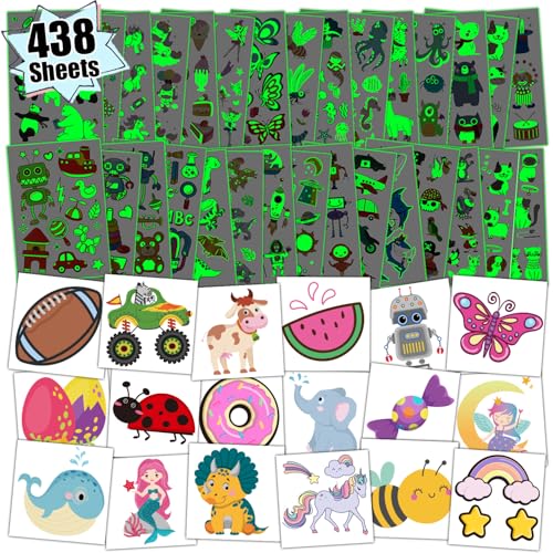 partywind 408 Sheets Individual Tattoos for Kids + 30 Sheets Glow Mixed Styles Temporary Tattoos for Boys Girls Christmas Stocking Stuffers, Party Supplies Favors for Children