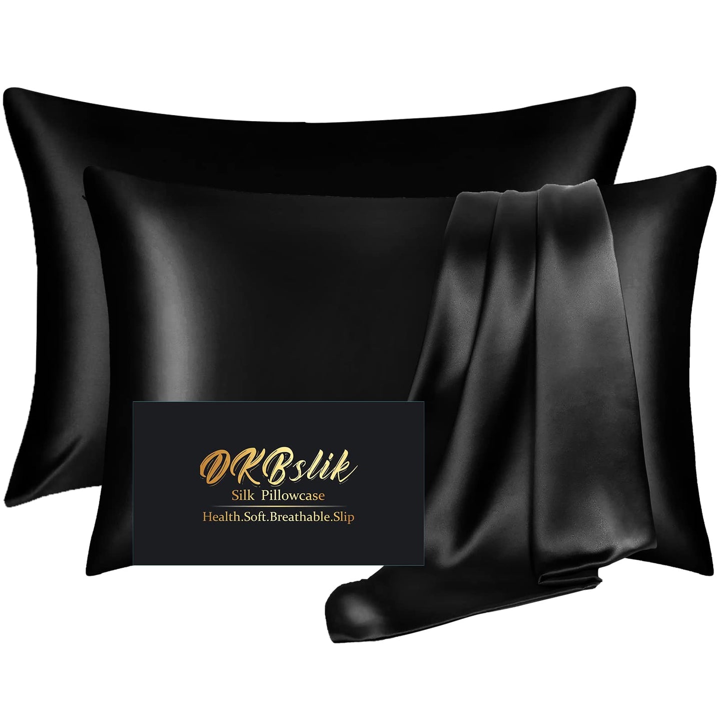 Silk Pillow Cases 2 Pack, Mulberry Silk Pillowcases Standard Set of 2, Health, Smooth, Anti Acne, Beauty Sleep, Both Sides Natural Silk Satin Pillow Cases for Women 2 Pack with Zipper for Gift, Black