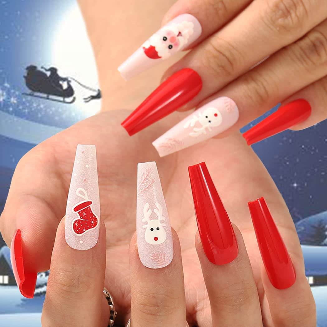 Uranian Coffin Extra Long Press on Nails Snowflake Red Christmas Fake Nails Elk Ballerina Glossy Full Cover False Nails Santa Claus Acrylic Nails Tips for Women and Girls 30 PCS (Pattern-D)