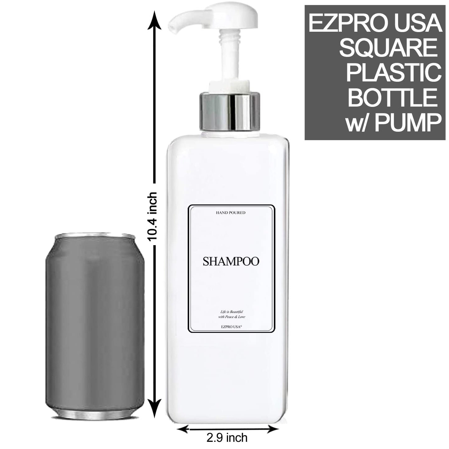 EZPRO USA Empty Plastic Square Bottles Pump Shampoo Conditioner Body Wash Face, in Shower Bathroom Dispenser, Waterproof Permanent Labels, 27oz 800ml Set of 4 (White Plastic, Silver White Pump)