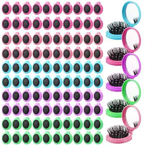 Barydat 100 Pcs Christmas Stocking Stuff Gift Folding Hair Brush with Mirror Bulk Portable Small Hair Brush Mini Compact Colorful Pocket Hair Combs for Friends Gift for Christmas