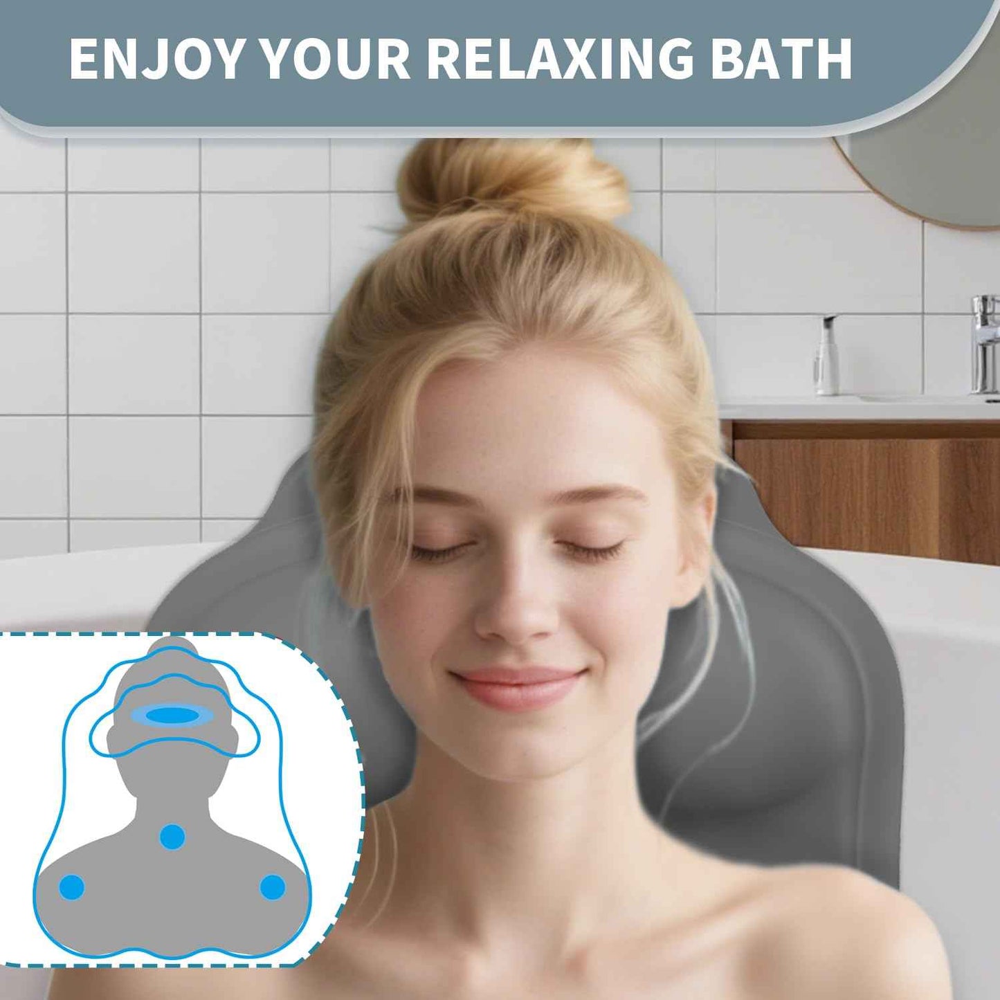 Silicone Bath Pillow for Tub – Ergonomic Bathtub Headrest with Inflatable Air Cushion, Non-Slip Suction Cups & Neck/Back Support – Comfortable Spa Bath Accessory for Relaxation (Grey)