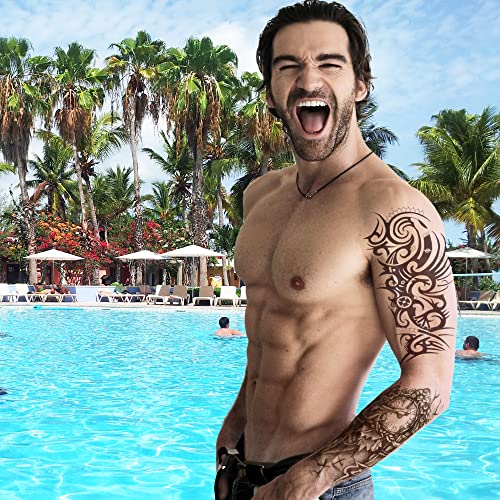 Temporary Tattoos For Men Guys Boys & Teens - Fake Half Arm Tattoos Sleeves For Arms Shoulders Chest Back Legs Cross Skull Owl Clock Scorpion Rose Realistic Waterproof Transfers 8 Sheets 8x6"