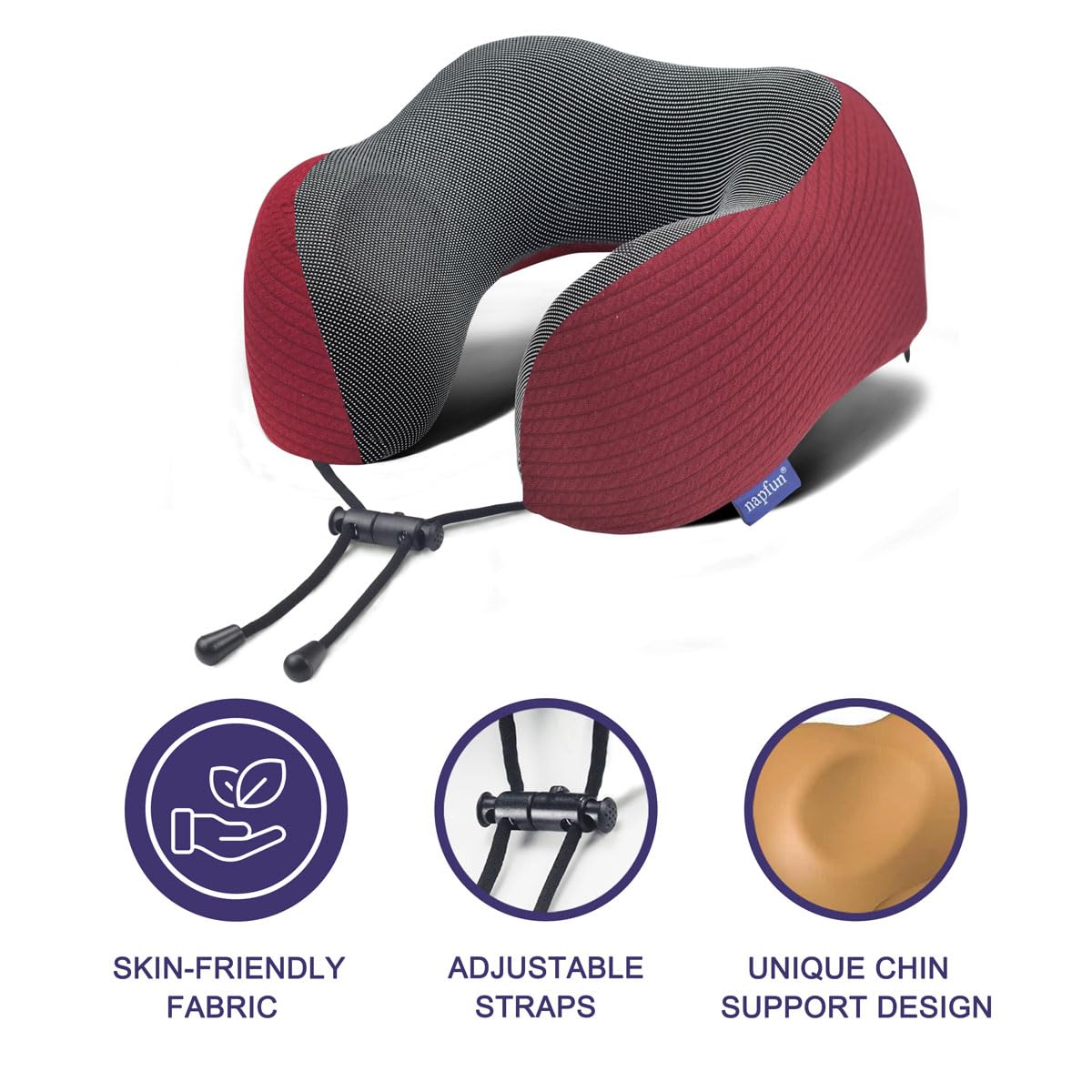 napfun Neck Pillow for Traveling, Upgraded Travel Neck Pillow for Airplane 100% Pure Memory Foam Travel Pillow for Flight Headrest Sleep, Portable Plane Accessories, Wine-Red Set, Medium (120-200LB)