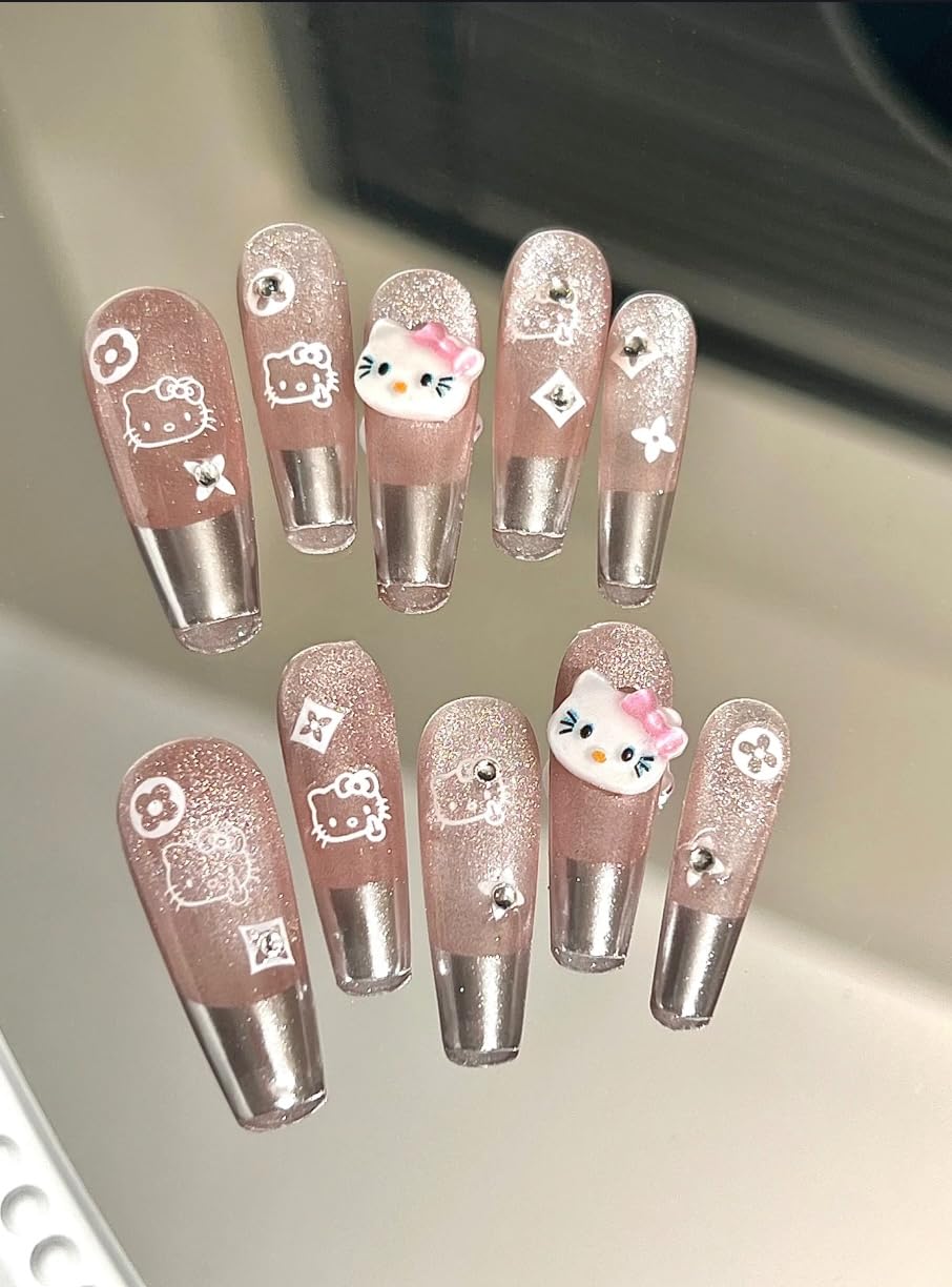 Handmade French Press on Nails Long Coffin - Magic Mirror Cat Eye with 3D Cartoon Cat Design 10Pcs(M)