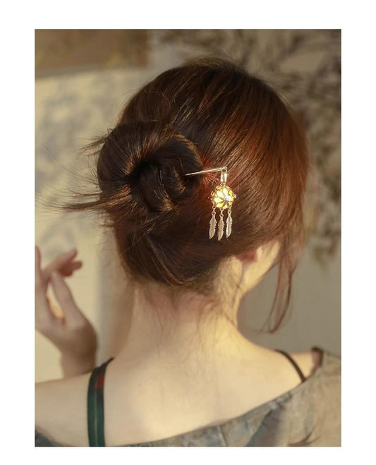 Lantern Light Tassel Flower Hairpin Hair Stick Hair Accessories Chinese Coiled Hair Antique Hair Pin for Women Glod Bead-1Pcs-#05