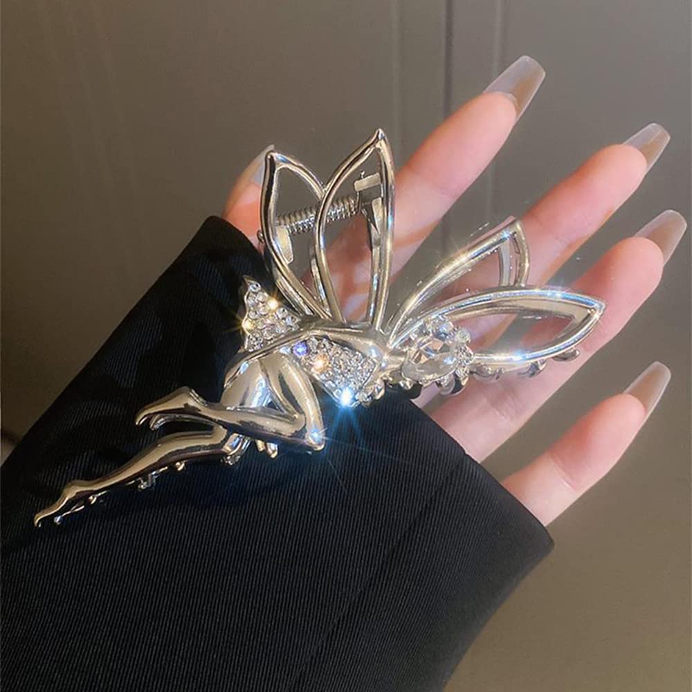 Metal Sliver Hair Claw Clips Spirit Hair Clips with Crystal Rhinestones Design Elf Shiny Large Hair Crab Clips Hair Barrette Exquisite Luxury Shark Clip Hair Accessories for Women Birthday Gift 1Pcs