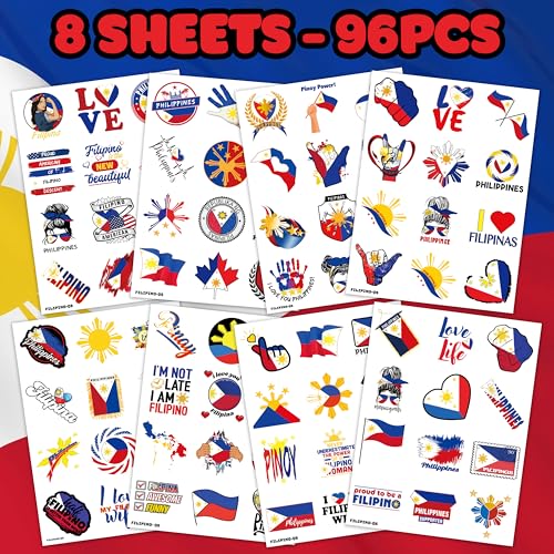 96PCS Philippines Filipino Flag Pride Pre-Cut Temporary Tattoos for Kids Themed Birthday Party Decorations Supplies Decor Favors Super Cute Flag Tattoo Stickers Gifts For Boys Girls Rewards Carnival