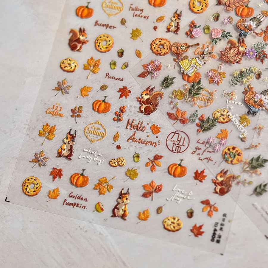 1 Sheet Fall Nail Art Stickers 5D Embossed Cute Nail Decals Autumn Maple Leaf Squirrel Pine Cones Fallen Leaves Nail Design Self-Adhesive Manicure Stickers Accessories for Women DIY Nail Decorations