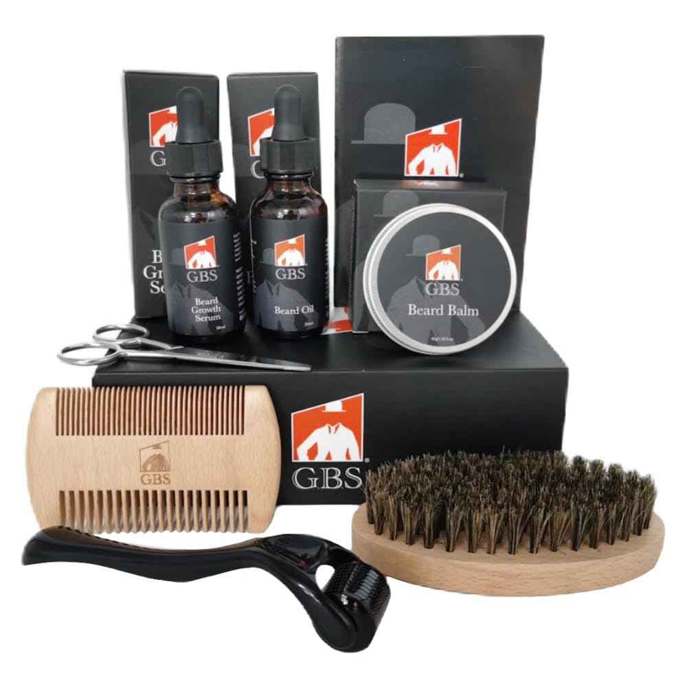 G.B.S Men's Beard Grooming Kit - Beard Oil, Growth Serum with Biotin, Balm, Brush and Comb Gift Set