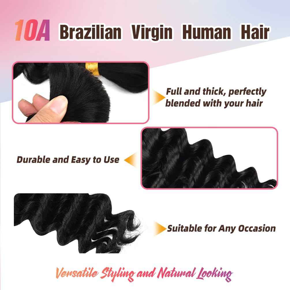 Human Braiding Hair, 2 Bundle 100g 16 Inch Boho Braids Human Hair 10A Deep Wave Bulk Brazilian Virgin No Weft Wavy Hair Extensions for Boho Bohemian Micro Braid Bulk for Braiding Natural Black