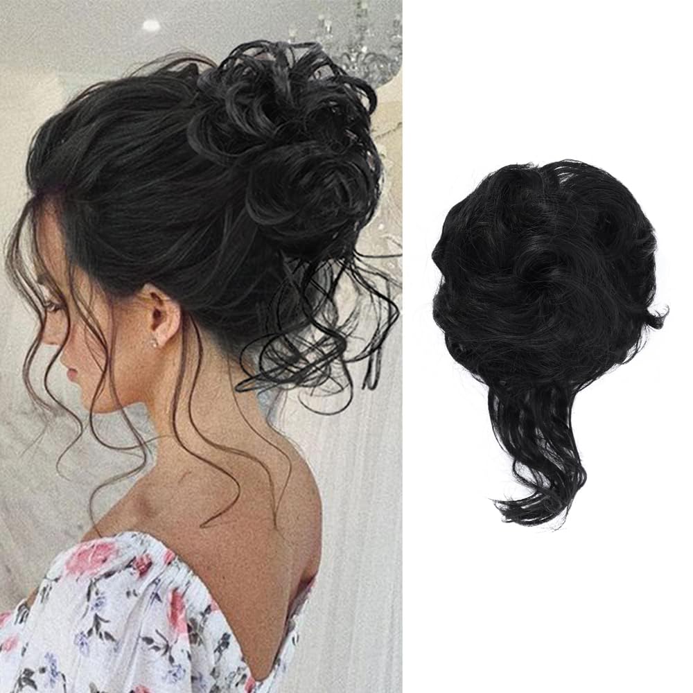 Messy Bun Hair Piece Thick Updo Scrunchies Hair Extensions Synthetic Hair Bun Curly Wavy Ponytail Hairpieces For Women Girls Tousled Updo with Tendrils Hair Bun Extensions Daily Wear (12H24#)