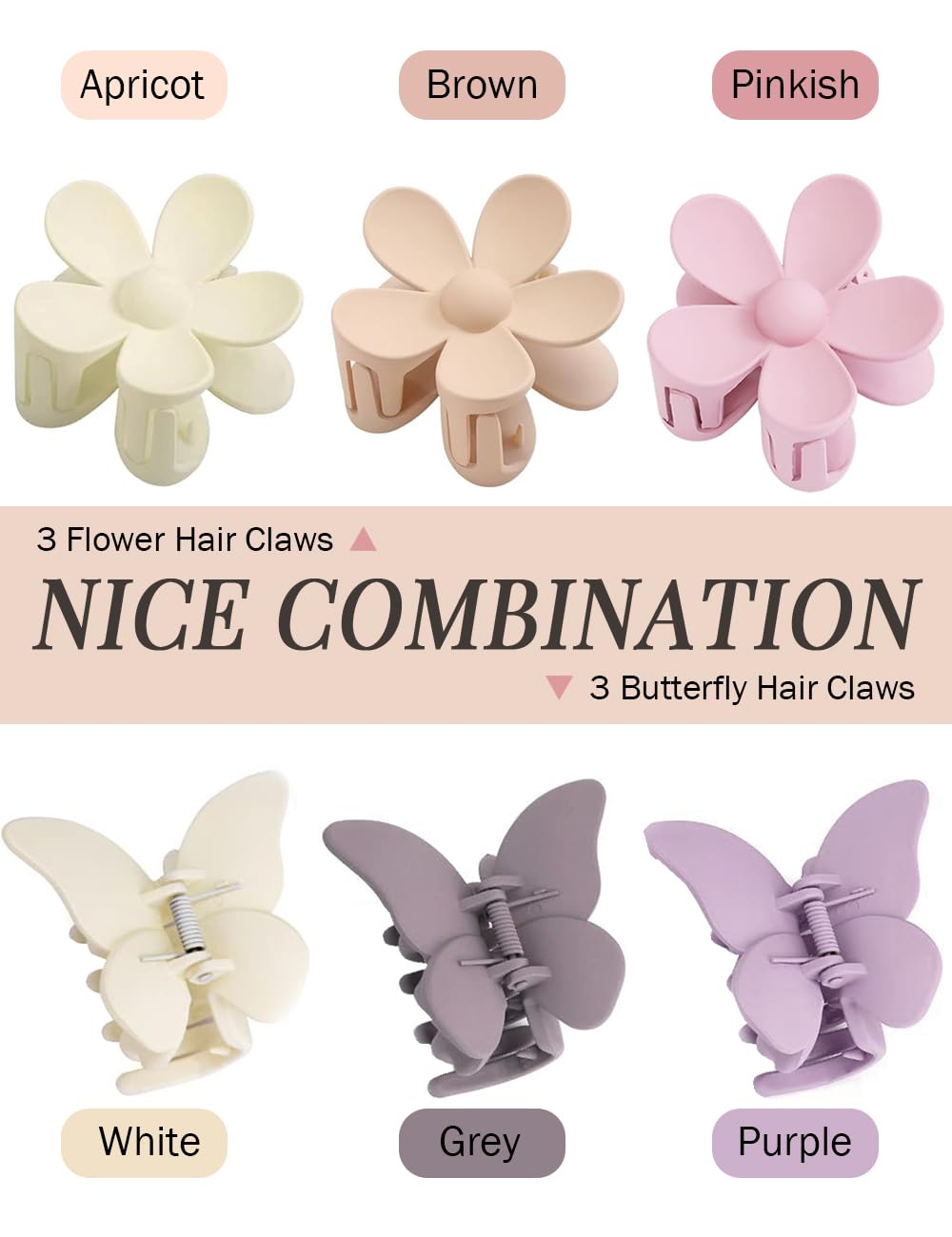 Ricawa Hair Accessories: 6 PCS Matte Butterfly Claw Clips with Strong Hold for Thick and Thin Hair - Large Elegant Clips with Non-Slip Jaw