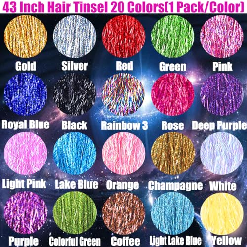 43 Inch 20 Colors Glitter Hair Tinsel Kit with Tools for Hair Extensions