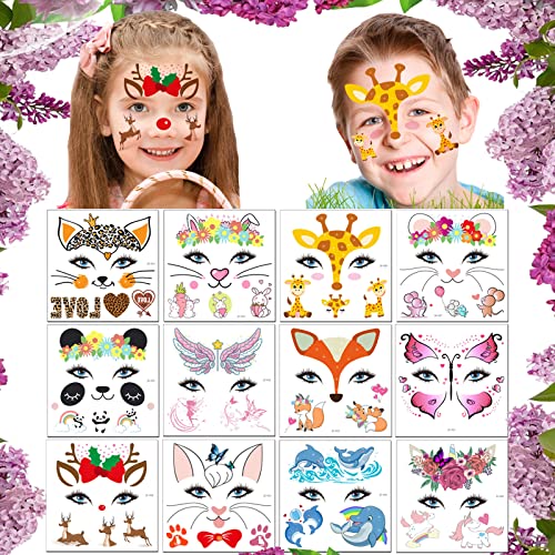 Animal Face Temporary Tattoo Stickers - 12 Sheets Water Transfer
