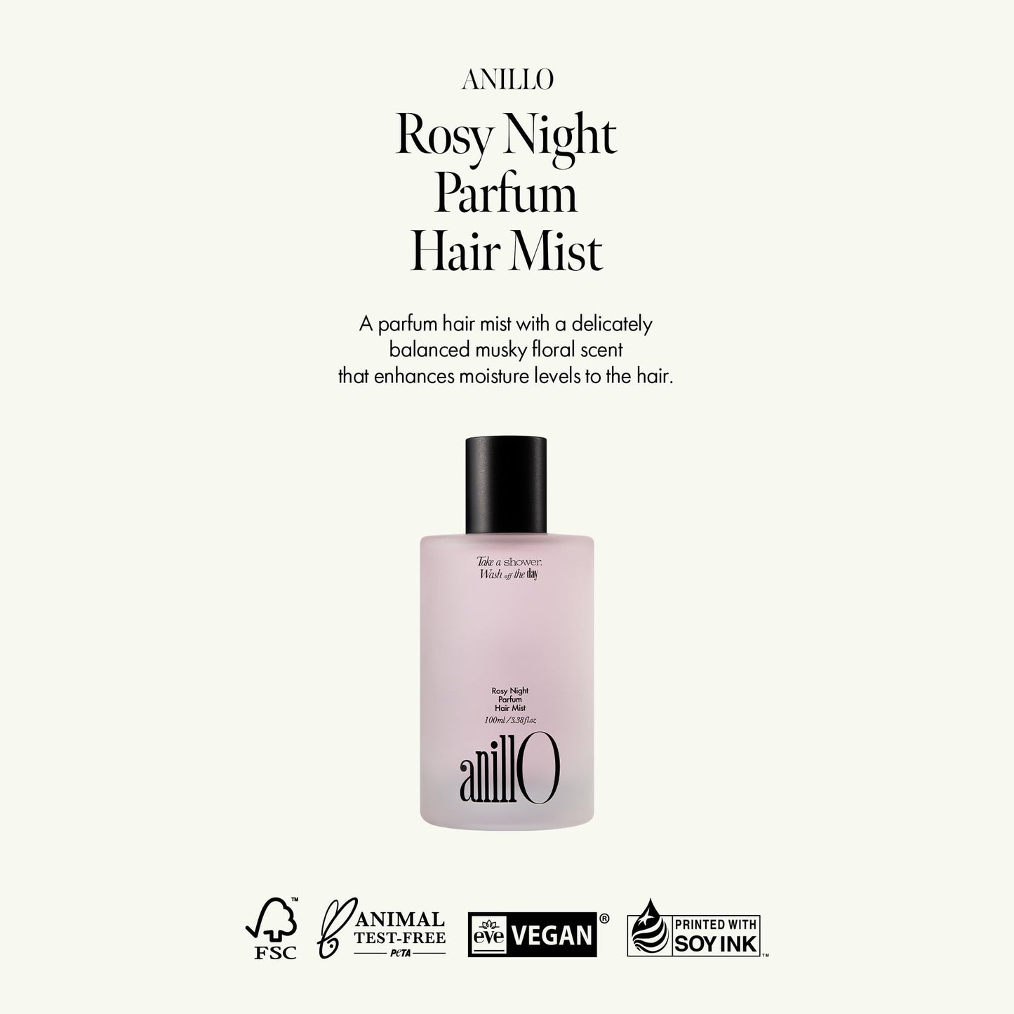 ANILLO Rosy Night Vegan Hair Perfume Long-Lasting Floral Musky Scented with Damask Rose Extract, Rosehip Oil, Peptide Complex for All Hair Type, Free of Silicone & Parabens (3.38 fl. Oz)