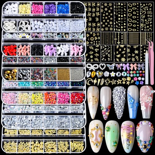 Teenitor Multi-Color Nail Charms & Gems Kit for Nail Art, 15 Sheets & 6 Box Styles