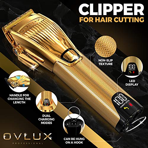 OVLUX Gold Cordless Professional Hair Clippers for Men & Barbers with Guides