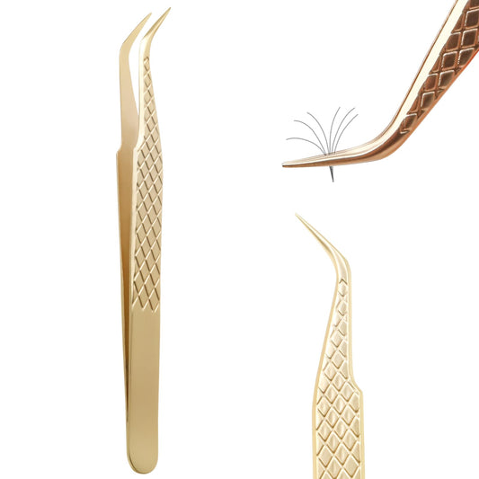 Miuffue Curved Eyelash Extension Tweezers Precision Lash Extension Tweezers for Making Volume And Classic Fans (Gold)