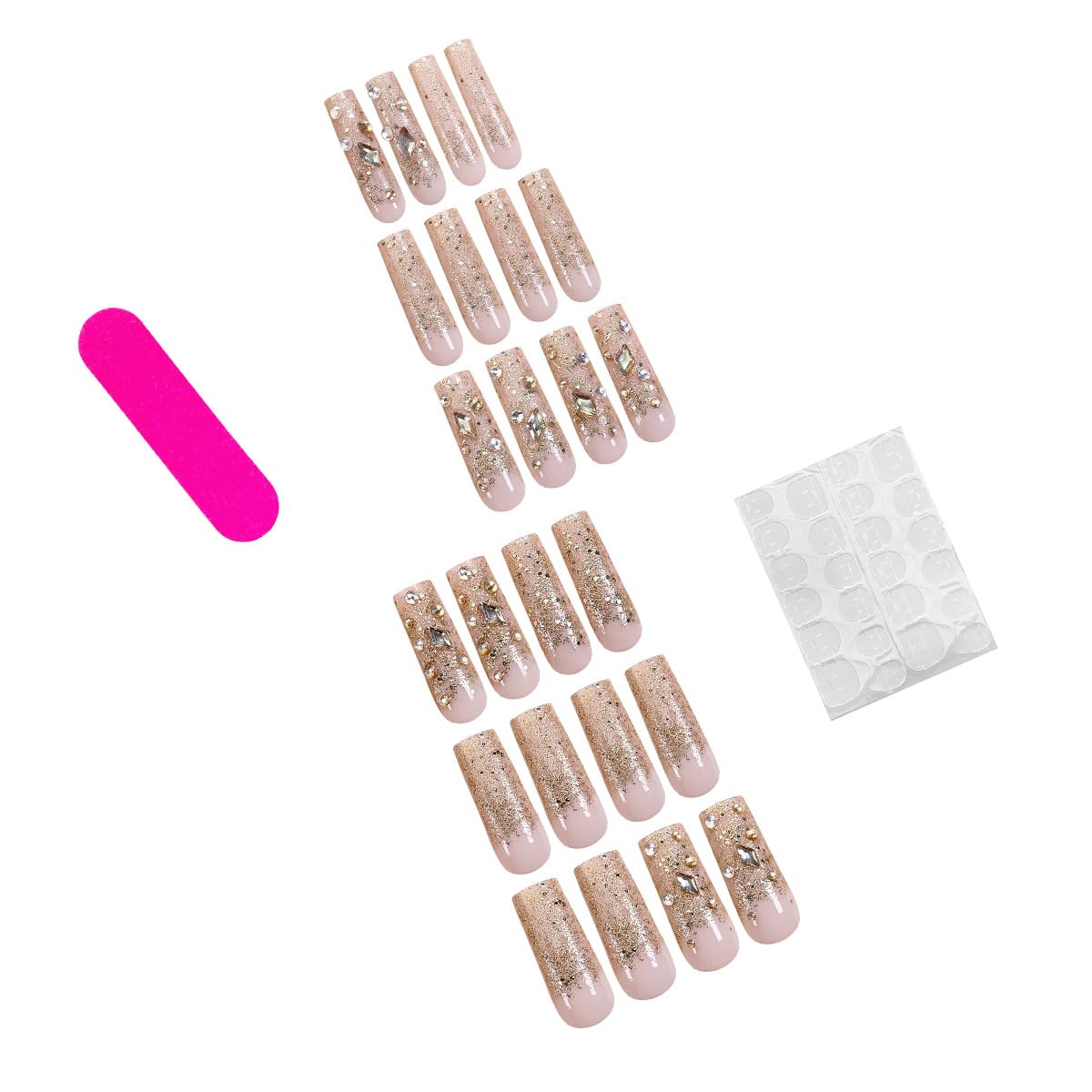 Long Coffin Press On Nails Rhinestone Fake Nails Glitter Nail Tips Shining Gold False Nails Long Square Acrylic Artificial Fingernails Full Cover Glue On Nails Stick On Nails for Women Girls 24pcs