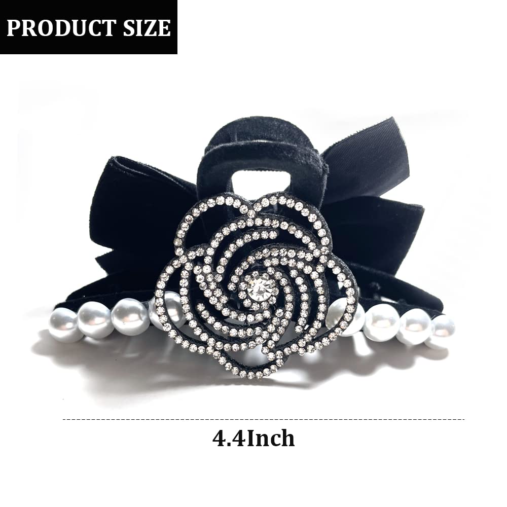 Fuyunohi 2 Pack Large Hair Claw Clips for Thick Hair,Flower Claw Clip with Pearl, Black/Red Velvet Hair Clips Hair Accessories for Women and Girls "