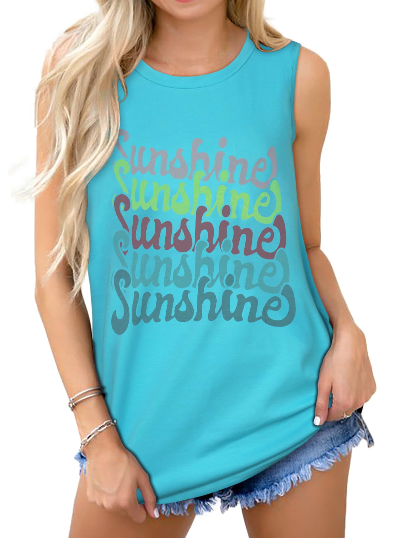 Womens Tank Tops Sleeveless Graphic Casual Loose Tunic Tee(Light Blue Letters, S)