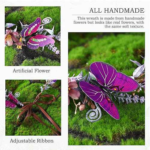 MOSTORY Handmade Purple Butterfly Flower Crown - Fairy Headband Floral Elf Crown Woodland Circlet for Women Girls Renaissance Halloween Festival Cosplay Party Photo Shoot