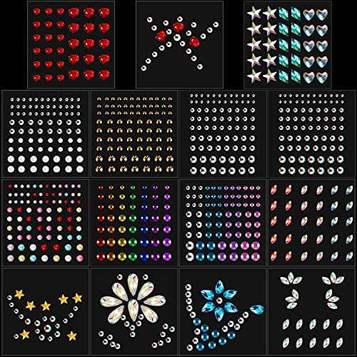 Hicarer 15 Sheets Eye Body Face Nail Gems Rhinestone Stickers Face Festival Self Adhesive Rhinestones Stickers for Women Accessory DIY Makeup Nail Decorations (Stylish Style)