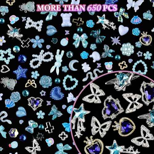 650pcs Mixed 3D Nail Charms Kit, 12pcs Luxury Metal Nail Rhinestones and 250pcs Resin Butterfly Flower Star Heart Bow Charms with 400pcs Flatback Pearls Rhinestone Metal Gems Charm (Blue)