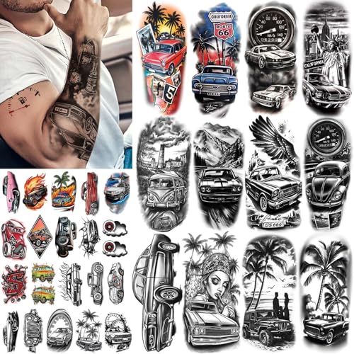 77 Sheets Cars Temporary Tattoo for Women Men, 17 Sheets Half Arm Race Car Fake Tattoos, 60 Sheets Black Holiday Truck Theme Tiny for Adult Kids Body Tattoos Stickers Waterproof Realistic