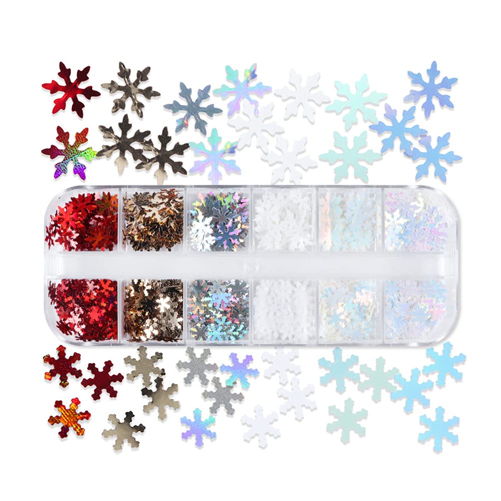 Holographic Snowflake Nail Sequins,3D Snow Flakes Laser Nail Glitter Snowflake Sticker Decals for Acrylic Nails Decorations DIY Christmas Snow Winter Accessories Decals for Women (1 box/12 Grids)