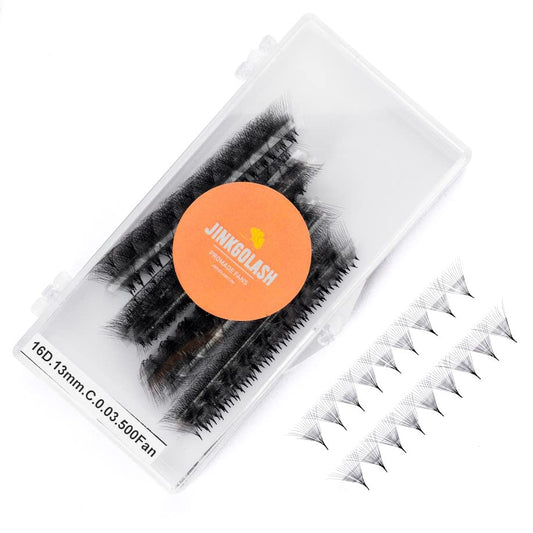 JINKGOLASH 500 Eyelash Extension Promade 4D to 16D Not Premade, Ultra Lash Fans 0.03/0.05/0.07mm Thickness, C D Curl Lashes, 8 - 16mm Length for Easy Volume Individual Eyelash Extensions Clusters DIY(16D-0.03-D (16mm))