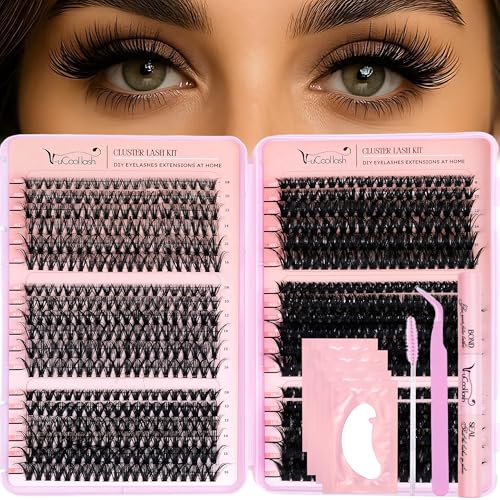 V-uCool 708 Pcs DIY Lash Clusters Kit, D Curl 30D?100D 8?16mm Mix, Fluffy Wispy Cluster Lashes with Bond & Seal, Tweezer, 5 Pads & Brush
