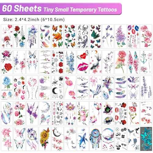 72 Sheets Temporary Tattoos Adult - 12 Sheets Half Arm Fake Tattoos, 60Sheets Tiny Small Tattoos Stickers Realistic, Including Butterflies, Flowers, and Animals Temporary Tattoos Adults and Women