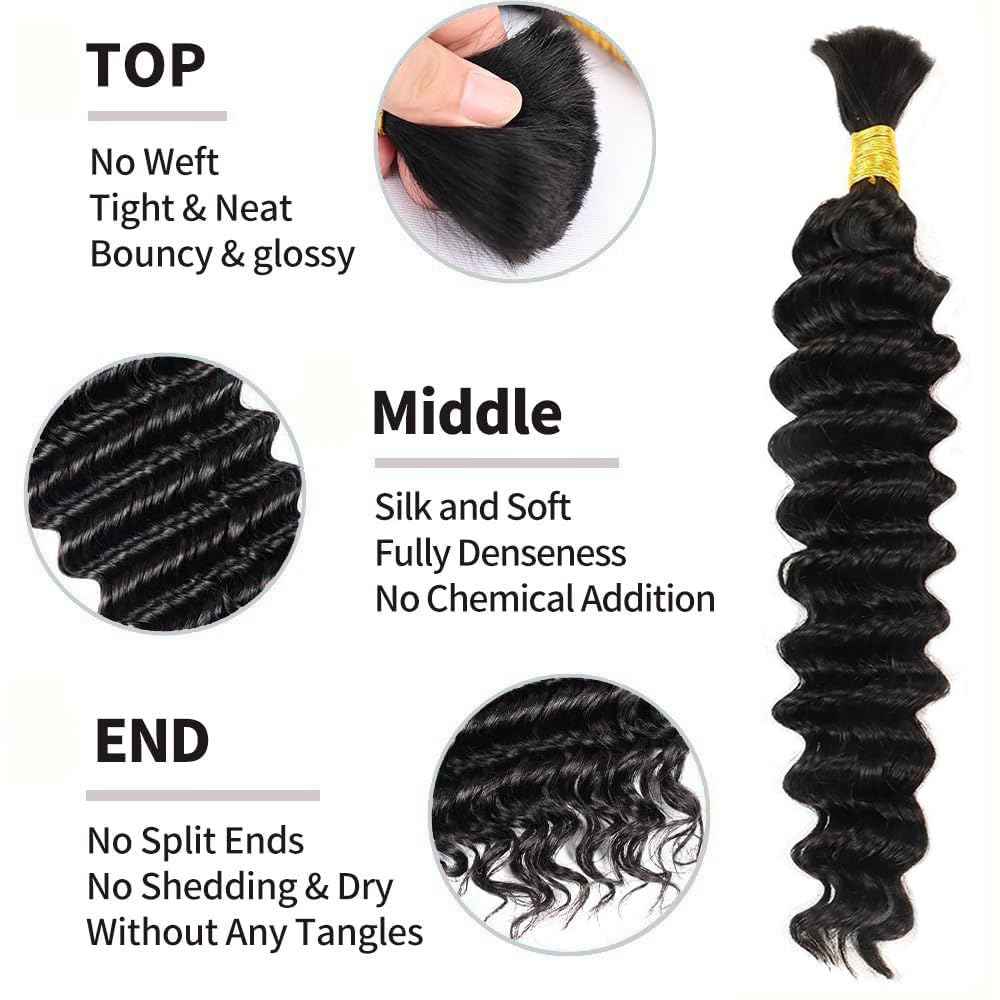 Human Braiding Hair Deep Wave Bulk Human Hair for Braiding 50g 24 inch No Weft Curly Braiding Hair Bulk Human Braiding Hair for Boho Braids Hair Extensions Real Human Hair Natural Color