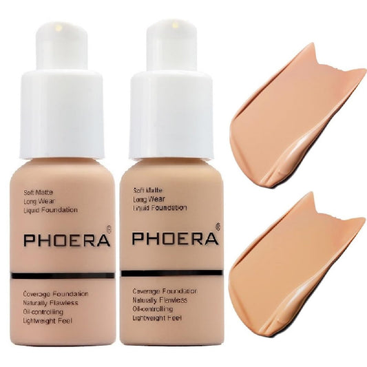 2 Pack PHOERA Foundation 103# Warm Peach and 104# Buff Beige,Flawless Soft Matte Liquid Foundation 24 HR Oil Control Concealer Foundation Makeup.