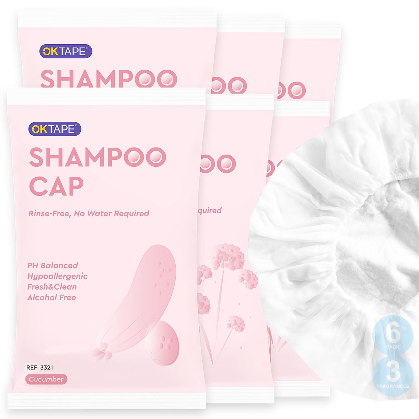 OK TAPE No Water Rinse Free Shampoo Cap (6 Packs), Microwaveable Shampoo Caps for Bedridden Patients or Elderly, Waterless Shampoo and Condition Hair, Cucumber, Lavender, Verbenae 3 Fragrances