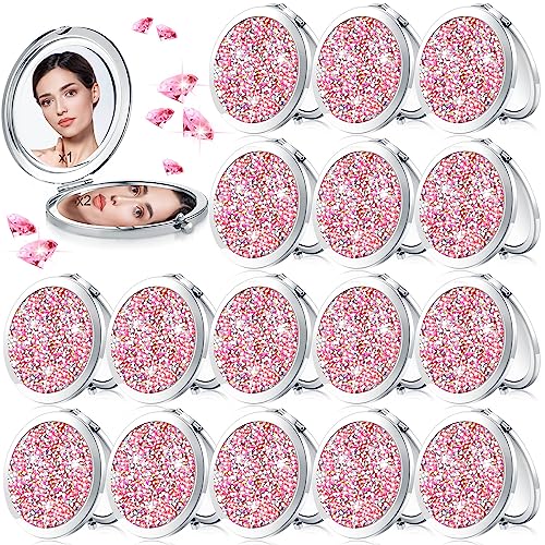 Maitys 16 Pcs Compact Mirror Bulk for Purses Small Cosmetic Folding 2.75 Inch Round Diamond Bling 1X/ 2X Magnifying Pocket Makeup Mirror for Women Wedding Gift, Pink Silver