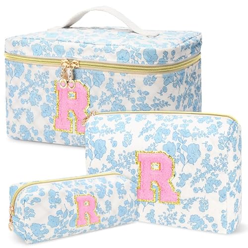3 PCS Travel Makeup Bag Set, A?Z Initials Cotton Quilted Cosmetic Bag for Women & Preppy, Personalized Toiletry Bag Travel Accessories Makeup Brushes Organizer, Valentine¡¯s Day & Birthday Gift for Her