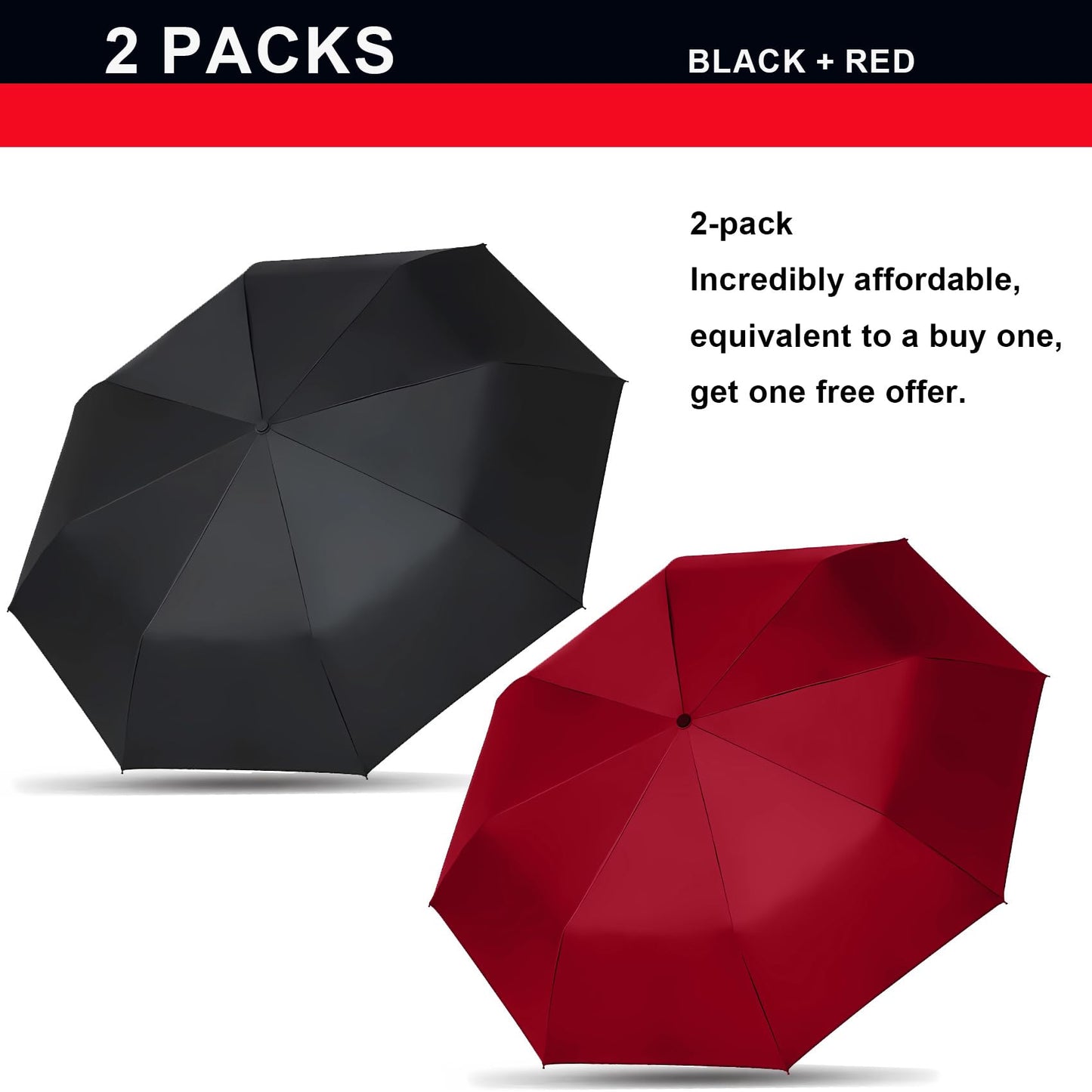 SIEPASA 2 Packs Windproof Travel Compact Umbrella, 8-Ribs Anti-UV Waterproof Folding Umbrella with Telfon Coating-One Button for Auto Open and Close. (Black & Red, 2 Pack)