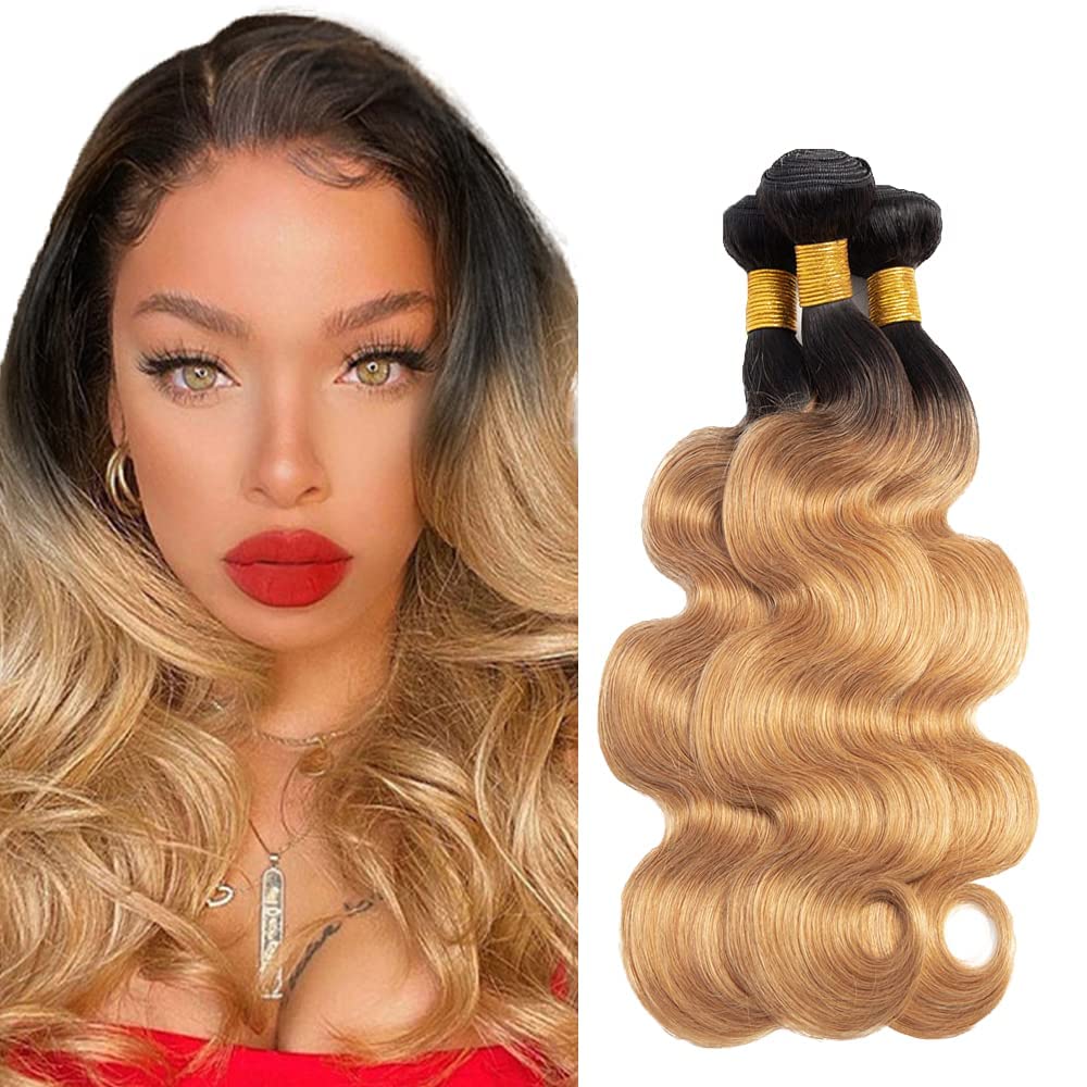 Ombre Blonde Human Hair Bundles 1B/27 Ombre Bundles Human Hair 1B/27 Body Wave Bundles Human Hair 8 10 12Inch 3 Bundles Human Hair Body Wave Brazilian Virgin Hair Bundles (1B/27-BB-8 10 12)