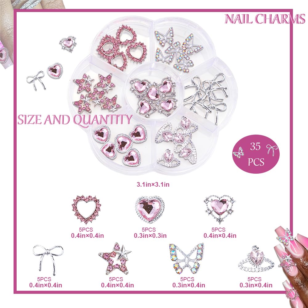 35PCS Pink and Silver Nail Charms for Acrylic Nails - Bow, Crown, Heart, Butterfly, and Star Nail Art Decorations for DIY Manicure and Crafts